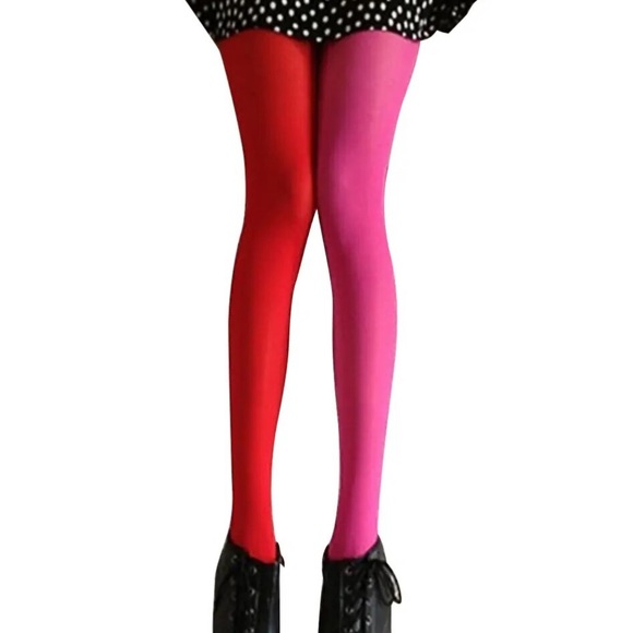 NWT two color hot pink RED stockings one hue each leg fun tights thick tights OS - Picture 11 of 11